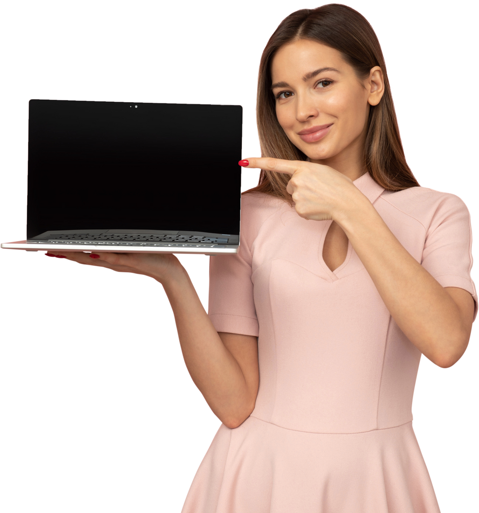 Young Woman Pointing at Blank Laptop Screen